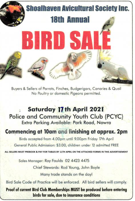 NOWRA BIRD SALE -17th April 2021 at PCYC 72 PARK ROAD NOWRA