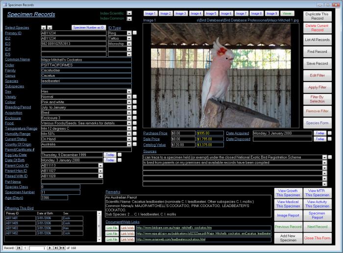 Bird Collector and Breeder Database Software Professional