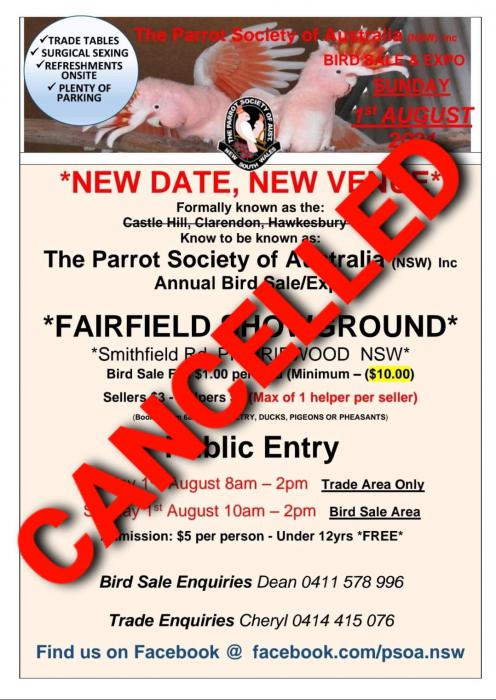 Parrot Society of Australia NSW Bird Sale/Expo Cancelled 