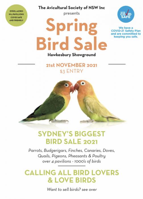 ASNSW SPRING BIRD SALE- 21st NOVEMBE-HAWKESBURY SHOW GROUND 