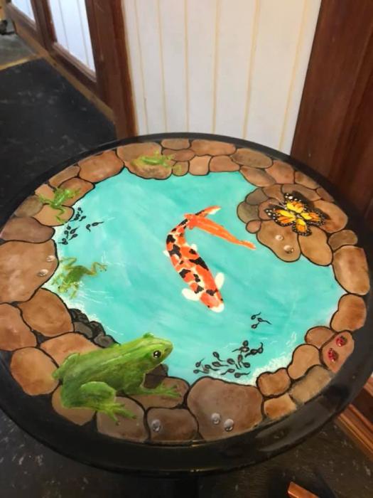 Hand Painted 3 D FROGS - TADPOLES - BUTTERFLY POND TABLE