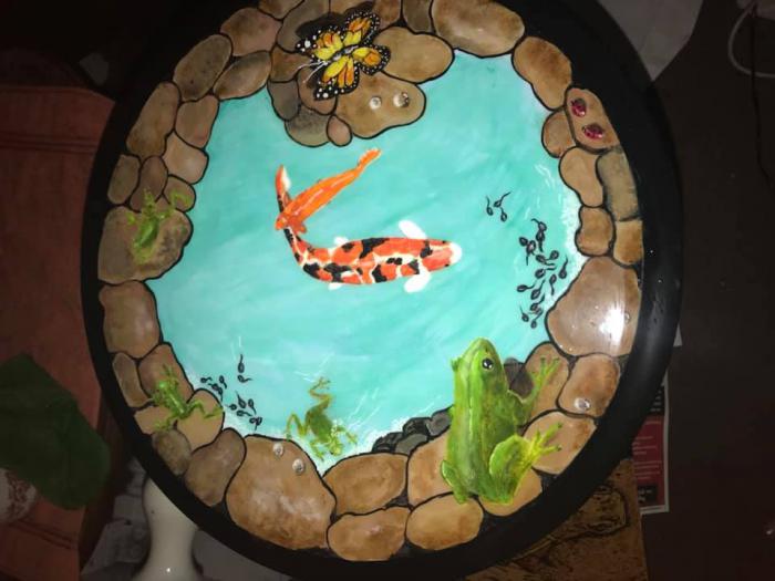 Hand Painted 3 D FROGS - TADPOLES - BUTTERFLY POND TABLE