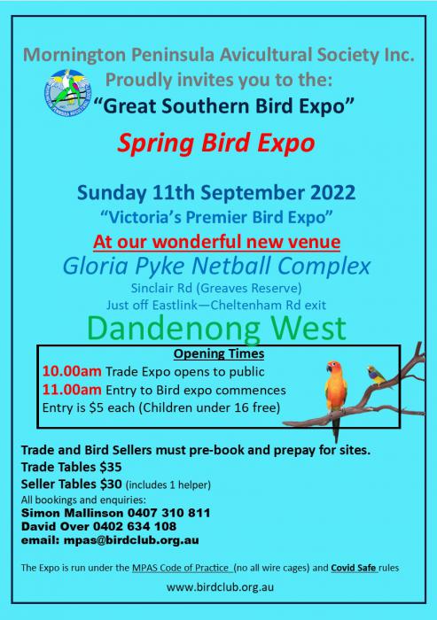 GREAT SOUTHERN BIRD EXPO 11TH SEPTEMBER DANDENONG MELB